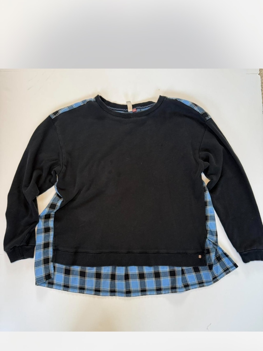 Anthropologie Pilcro Contrast Flannel Pullover Sweatshirt Blue Plaid Size Large
